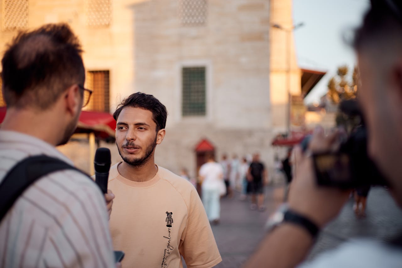 who-we-are Close-up of a candid street interview scene in Istanbul during the day.